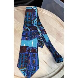 Enrico Coveri Men's Tie 100% Silk Handmade‎ in Italy City Scapes Blue
